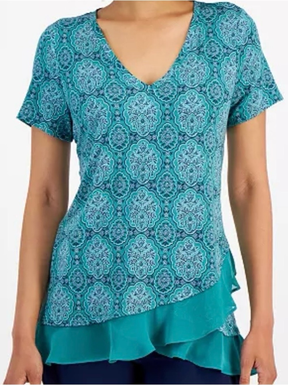 JM Collection Women’s Teal Patterned Short-Sleeve V-Neck Top with Ruffle Hem - M